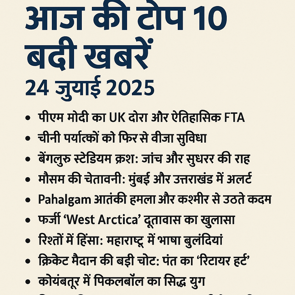 आज की टॉप 10 बड़ी खबरें: पीएम मोदी UK दौरा, मौसम अलर्ट, कश्मीर हमला और बहुत कुछ